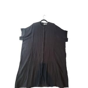 MASAI Tunic Lagenlook Top Black Sz L Button Front Crinkle Fabric Short Sleeve